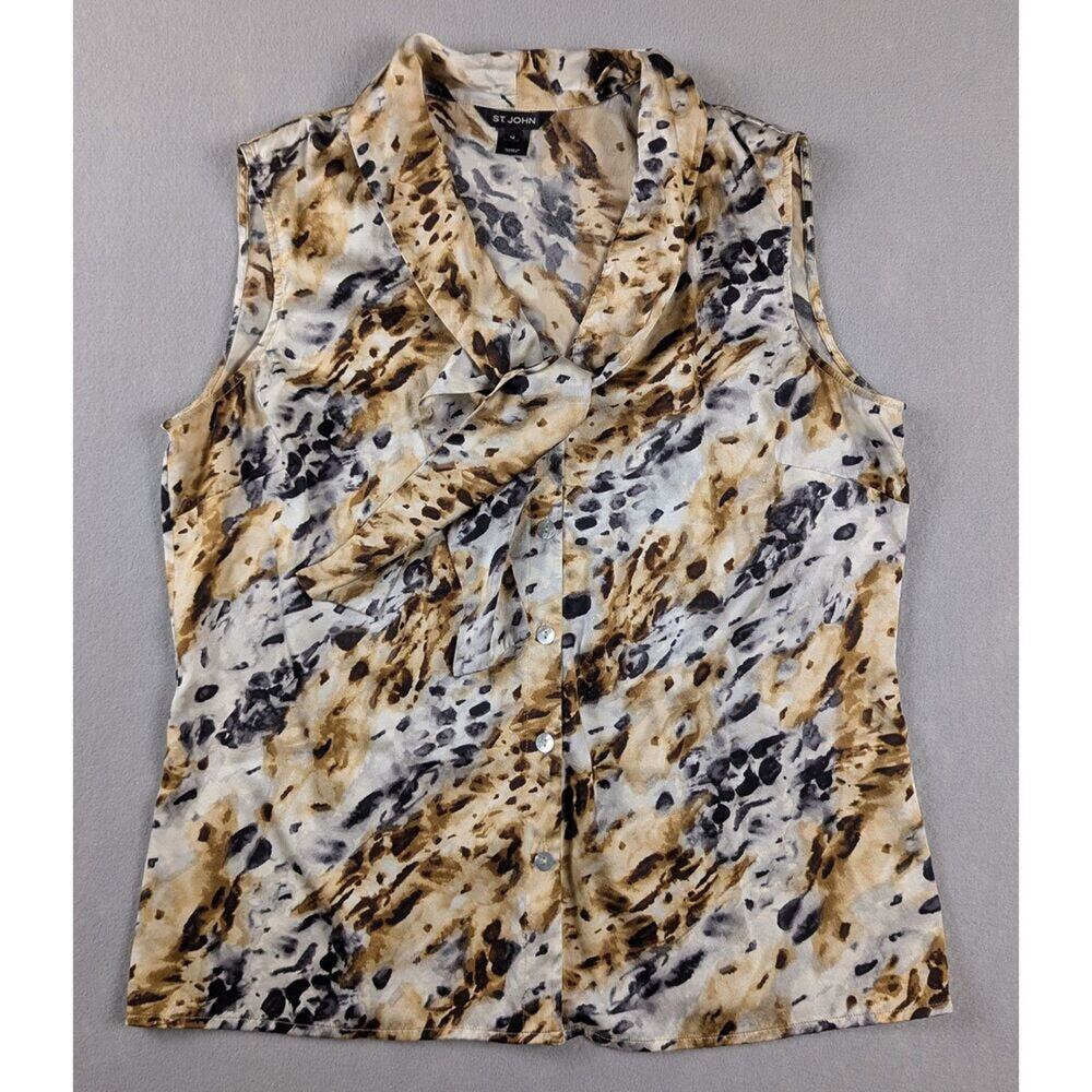 St. John Collection Silk Blend Abstract Animal Print Tie Neck Blouse Size 12